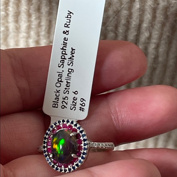 Black Opal, Ruby & Sapphire Ring in 925 Sterling Silver Size 6 CZ Accent - Picture 9 of 10